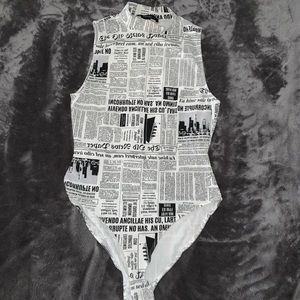 newspaper print mock neck sleeveless bodysuit ✨